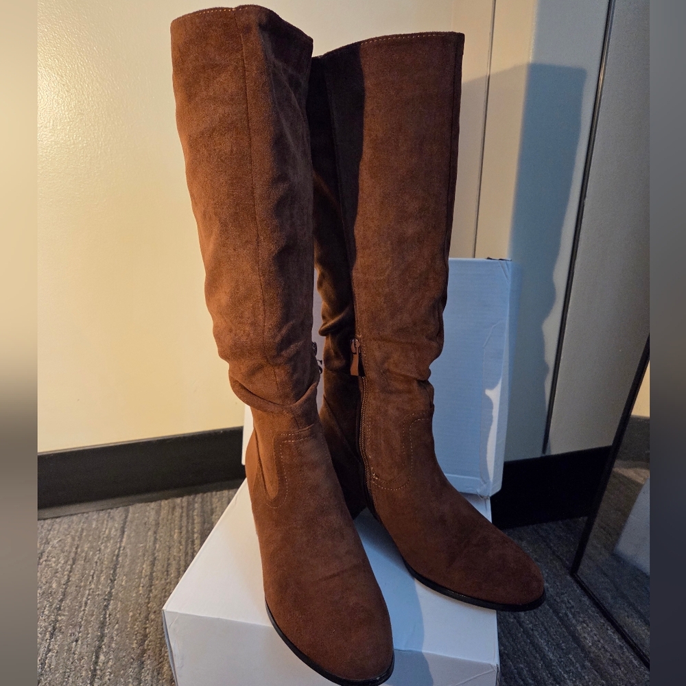 Brown Suede Knee-High Boots Chunky Heel